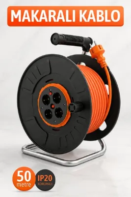 Badem10 50 Metre Turuncu 4'lü Topraklı Kablo Makarası 3X2,5 H05VV-F Termik Korumalı IP20 3680W