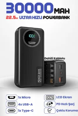 Enshall 30.000 Mah 22.5W Hızlı Şarj Destekli Forefo Dahili Kablolu Taşınabilir Batarya Powerbank