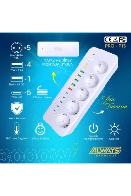 ALWAYS TEKNOLOJİ 3000W Yeni Tasarım Akım Korumalı 5 USB'li ve 5 TYPE-C li 5'lı Grup Priz 2 m Uzatma Kablosu Beyaz