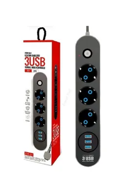 Akım Korumalı 2 Metre Grup Priz 3 Lü Usb Şarj Aleti 2500 Watt