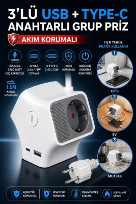 nelerbulurum YÜKSEK KALİTELİ 3'LÜ USB+TYPEC AÇMA KAPAMA TUŞLU AKIM KORUMALI 1.5METRE GRUP PRİZ 3680 Watt 16 AMPER