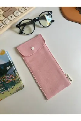 sumicorn Pembe Keten Yıkanabilir Çıt Çıt Detaylı Gözlük Kılıfı Gözlük Çantası Kalemlik