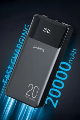 Piranha 9047 20000 mAh Powerbank 20W PD+QC Hızlı Şarj | Dahili Kablolu Type-C & Lightning | LED Ekran Taşına