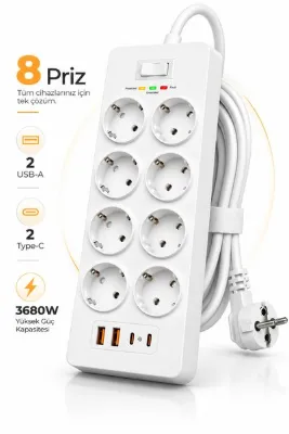 RAYLAX 8 Prizli Çoklu Priz 3680W | 2 USB-A + 2 Type-C | Akım Korumalı Güç Dağıtıcı