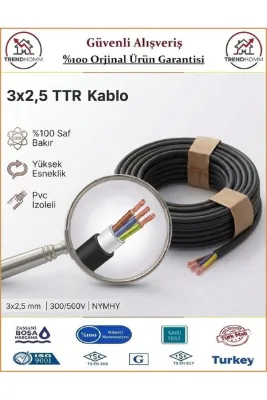ÖZNUR 3x2,5 TTR Elektrik Kablosu - El Aletleri Uzatma Kablosu - Siyah - %100 Bakır - 8 Metre