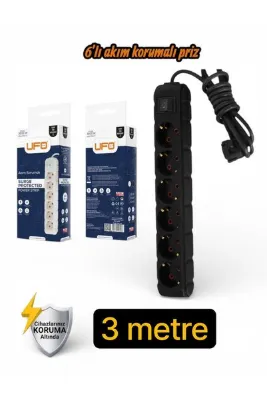 UFO Akım Korumalı 3 mt Kablolu Grup Priz Max 3500W 16 Amper Aşırı Yük Koruması 6lı Çoklu Priz Siyah