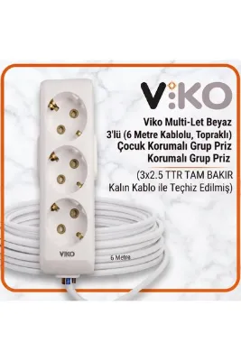VİKO Multi-Let Beyaz 3'lü 6 Metre Topraklı Çocuk Korumalı Grup Priz (3x2.5 TTR Tam Bakır Kalın Kablo)