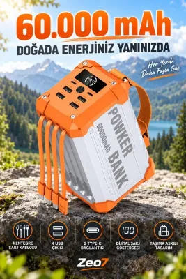 Zeo7 60.000 mAh Powerbank 22,5W Hızlı Şarj, 4 Dahili Kablo, LED Kamp Işığı, Çoklu Cihaz Şarj Desteği