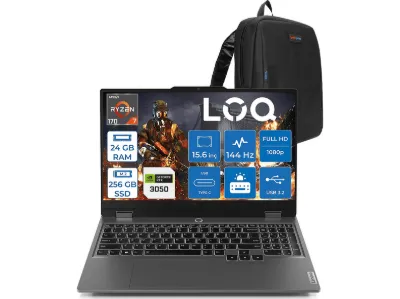 LENOVO LOQ Essential DDR5 6GB/RTX3050/65 W 83S000DYTRF11 AMD Ryzen 7 170 24 GB RAM 256 GB SSD 15,6 inç FreeDOS Laptop+Çanta Luna grey