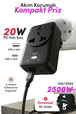 The Wlue 20W PD Hızlı Şarjlı Akım Korumalı Kompakt Priz | 2500W | USB-C & USB-A | 18W QC Hızlı Şarj