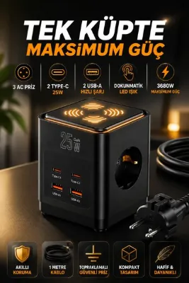 Merwish Akım Korumalı Küp Çoklu Priz 3680W 16A 3 Topraklamalı Priz 2 USB-A 2 Type-C 25W Hızlı Şarj Dokunmatik LED