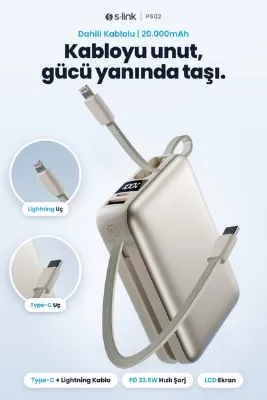 S-LINK P502 20000mAh PD22.5W Dahili Kablolu Gri LCD Taşınabilir Şarj Cihazı Powerbank