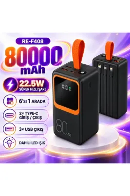 PİYATECH 80000 mAh 22.5W Hızlı Şarj Powerbank 6 Çıkışlı Dahili 3 Kablolu LED Fenerli Dijital Göstergeli- RE-F408