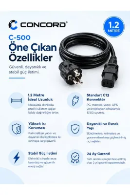 Concord C-500 1.2m PC ve Monitör Power Güç Kablosu – Siyah Standart Kasa Kablosu 2 Yıl Garantili