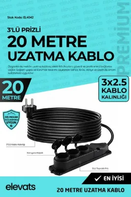 Elevats Premium Profesyonel 20 Mt. Dış Mekan Uzatma Kablosu | 3 Prizli | Kapaklı Tasarım | Suya Dayanıklı | EL4042