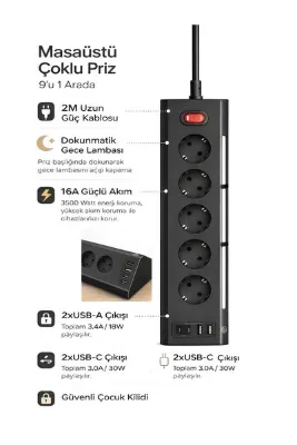 DEANB 3680W 1050J Akım Korumalı 5li Priz 2 USB 2 Type-C 3.4A Dokunmatik LED Anahtarlı 2m Kablo Çoklu Priz