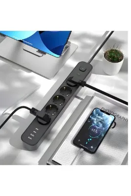 MATECHNO 2 MT Uzatma Kablosu Çoklu Priz Yüksek Gerilim Korumalı 5'Lİ Priz 2X USB 2X Type-C Çıkışlı Priz