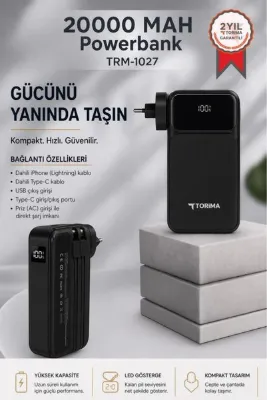Torima Taşınabilir 20000 Mah Type-C Lightning Hızlı Şarj Dijital Göstergeli 22,5W Powerbank TRM-1027 Siyah