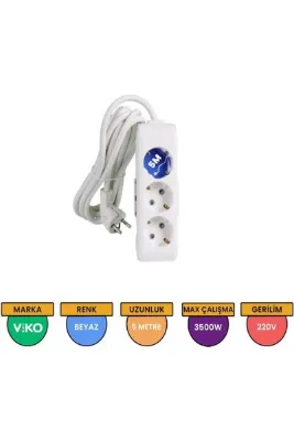 Viko 5 Metre Kablolu Topraklı Çocuk Korumalı Üçlü Priz