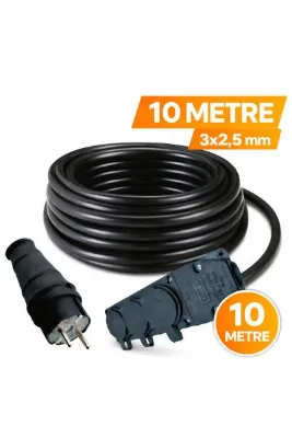 KONDEL AYDINLATMA 10 Metre Siyah Seyyar Uzatma Kablosu CCA 3x2,5 mm Topraklı – Fişli 3’lü Priz Kauçuk