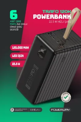 POWERWAY 120.000 Mah Pd 22.5w Hızlı Şarj Dahili Kablolu Kamp Taşınabilir Güç Kaynağı Siyah Trafo Powerbank