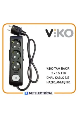 VİKO Multi-let Siyah 3'lü Anahtarlı 1 Metre Topraklı Çocuk Korumalı Kablolu Grup Priz