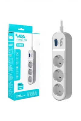 VEA 3 Girişli Akım Korumalı Priz 1.5 Metre Kablo MAX 3500W 16A Açma/Kapama Anahtarlı