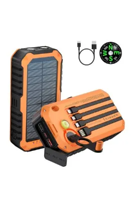 ALWAYS TEKNOLOJİ 20000 mAh Solar Powerbank - El Kranklı, Dahili Kablolu Taşınabilir Su geçirmez POWERBANK
