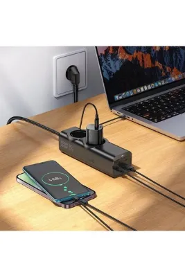 MATECHNO 67W 2xAC 3xType-C 1xUSB Çıkış Akım Korumalı Çoklu Priz 2200W Güç Hızlı Şarj Destekli Kompakt Tasarım