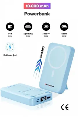 jetucuzal SPRANGE SR-P26M 10000mAh Magsafe Powerbank 15W Kablosuz, 20W PD, LCD Ekranlı, Standlı (Mavi)