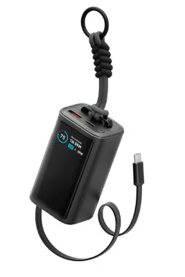 Energea ComPac Arc 45 Dijital Göstergeli 10.000 mAh Dahili Type-C Kablolu 45W Şarj Çıkışlı PD Hızlı Şarj Powerbank - Siyah