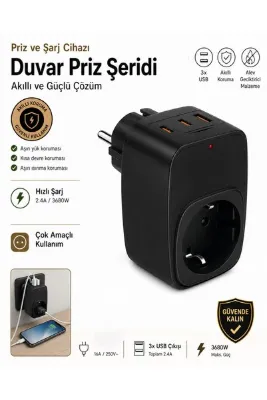 DEANB 3680W 2.4A 2xTYPE-C 1xUSB 1xSoket Alman Akım Korumalı Saf Bakır Çoklu Kablosuz Duvar Prizi 1050J