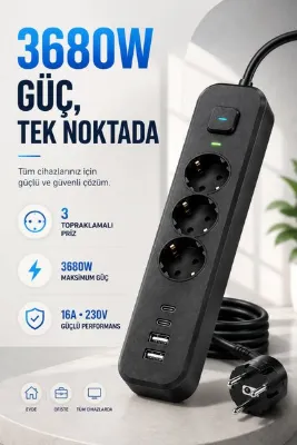 Merwish Akım Korumalı Çoklu Priz 3680W 16A 230V, 3 Topraklı Priz, 2 USB-A, 2 Type-C, 17W Şarj, Aç/Kapat Anahtarlı