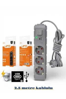 UFO Akım korumalı grup priz 2.5 mt kablolu anahtarlı Gri 3 lü ve USB+type-c şarj aleti 3000 watt