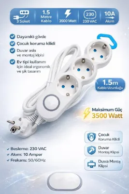Ecuy Anahtarlı Üçlü Çoklu Priz 1.5 Metre Kablolu 3500W Çocuk Korumalı Askı Aprat & Duvar Montajlı