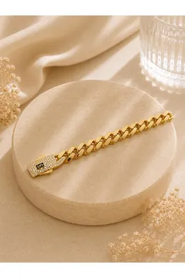 Desing 925 Ayar Gümüş 12 Gr Taşlı Kilit Detaylı 10mm Gurmet Bileklik Altın Kaplama