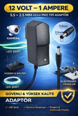 nelerbulurum 12V 1A Adaptör 5.5*2.5 MM LEDLİ – LED Şerit, Güvenlik Kamerası, Modem ve Router İçin Güç Kablosu