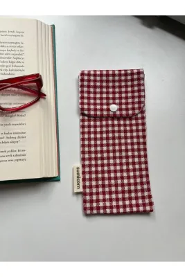 Sumicorn Design Kırmızı Pötikareli Yıkanabilir Keten Çıt Çıt Detaylı Gözlük Kılıfı Gözlük Çantası