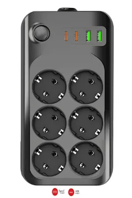AYACO Termal Akım Korumalı USB ve Type-C 2.1A Şarj Çıkışlı 10A 2500W 6'lı Uzatma Grup Priz 2 Metre 3421