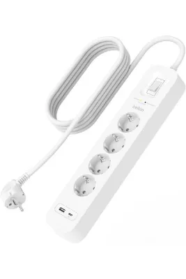 Belkin 4'lü Yüksek Gerilim Korumalı Çoklu Priz, Hızlı şarj için USB C PD'li USB-C ve USB-A