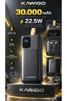 kawigo 30.000 mAh 22.5W Powerbank Hızlı Şarj Powerbank Dahili Type-C & Lightning Kablolu, Dijital Göstergeli Powerbank LED Fenerli Powerbank