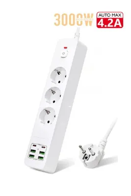 Soillium Yeni Nesil 3lü Grup Priz 2.0 Metre 2 Adet Type-C ve 4 Adet USB Girişli Universal Çoklu Priz