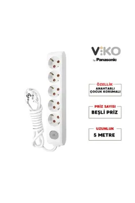 Viko | Beşli Grup Priz, Anahtarlı Topraklı - Çocuk Korumalı Çoğaltıcı Priz, 5'li, 5 M, Beyaz