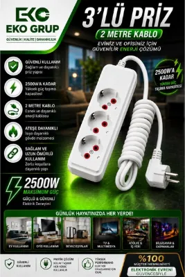 IRONSTAR 3'lü priz / 3'lü uzatma prizi / 2 metre uzatma kablosu / 3 girişli priz / Çoklu priz / Üçlü grup priz / Elektrik uzatma prizi / Ev tipi uzatma prizi / üçlü priz / elektrik çoğaltma / elektrik priz