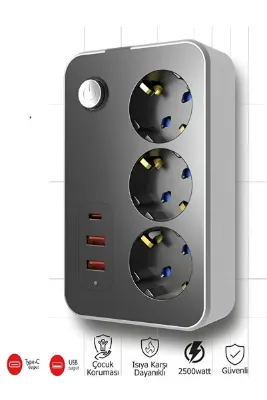 AYACO Termal Akım Korumalı USB ve Type-C 2.1A Şarj Çıkışlı 10A 2500W 3'lü Uzatma Grup Priz 2 Metre 3414