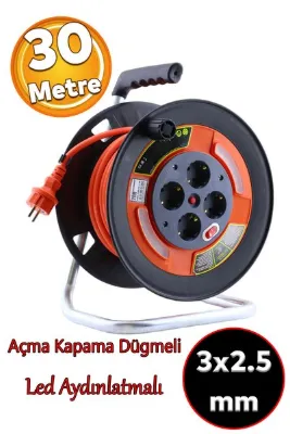 Badem10 Plastik Makaralı Seyyar 3x2.5 mm TTR Kablo 30 Metre CCA Kablo 4 Prizli Monofaze Uzatma Kablosu