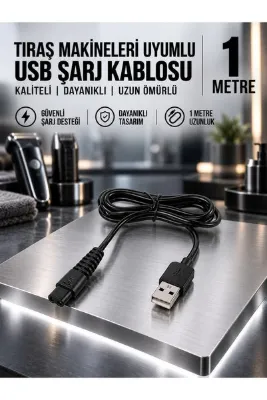 MVLH Tıraş Makineleri Uyumlu 1 Metre USB Şarj Kablosu Kaliteli Dayanıklı Uzun Ömürlü Siyah Güç Kablosu