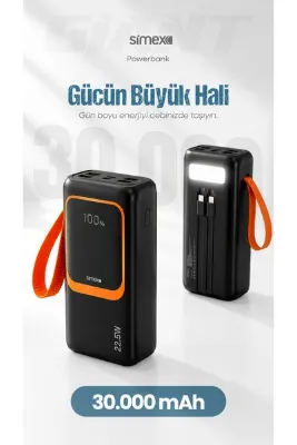 Simex 30.000 mAh 22.5W Hızlı Şarj Kablolu PD Powerbank Led Fener ve Dijital Göstergeli Taşınabilir Cihazı