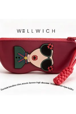 wellwich Silikon Gözlük Kılıfı Çok Amaçlı Fermuarlı Organizer Koyu Vişne Renk- Çantaya Takmalı Kırmızı Örgü Aksesuar