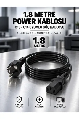 MVLH 1.8 Metre Power Kablosu C13 - C14 Uyumlu Güç Kablosu (Bilgisayar, Monitör, Yazıcı) Yüksek Kalite